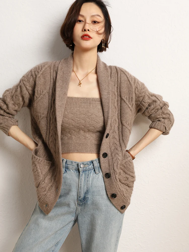 

French Autumn Winter Woman Sweater Cardigan 100% Cashmere Noblewoman Clothes Lapel Warm Jacquard Knit Elegant Lady Breasted Coat