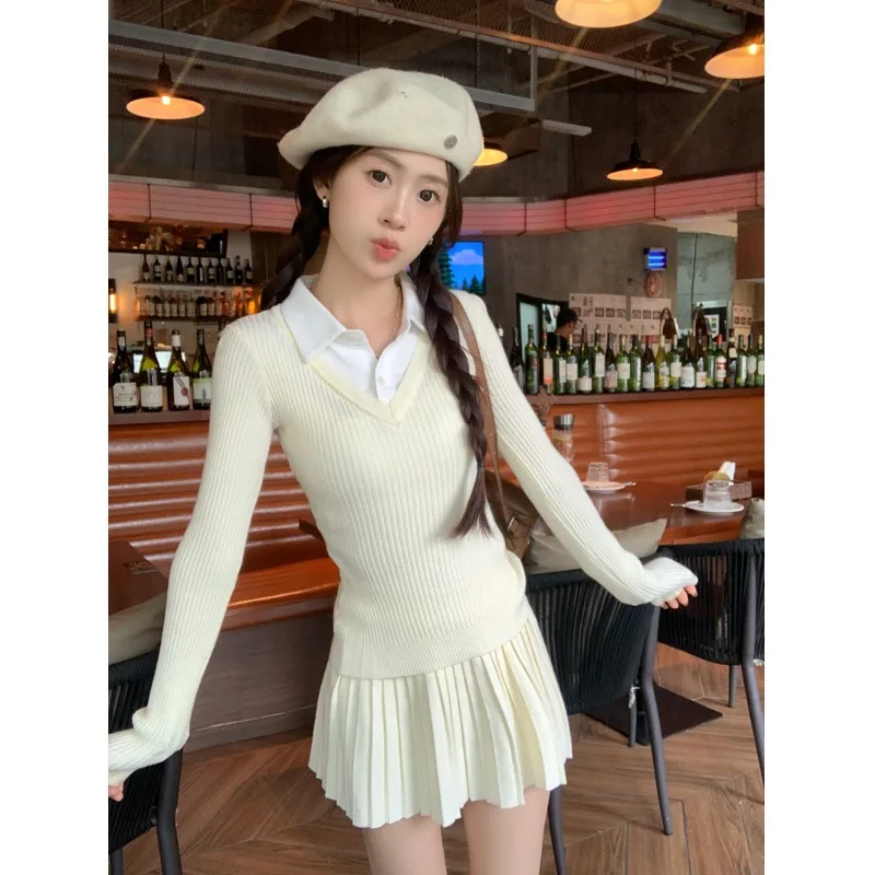 Qianjin Preppy Set Women Winter 2024 New Fake Two-Piece Knit High Waist Slimming A- line Skirt Two-piece Set