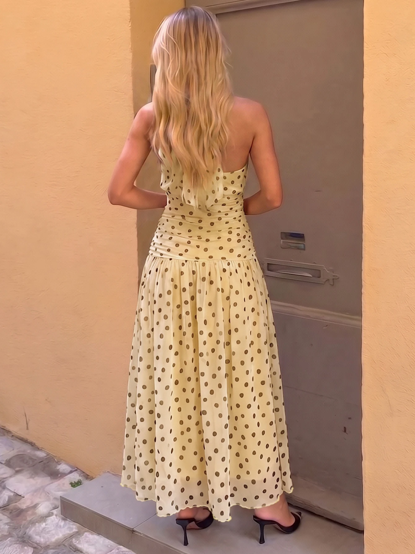 Hugcitar Elegant Polka Dot Print Sleeveless Backless Midi Dress Bandage Patchwork Mesh Sundress Women Birthday Patry Festival