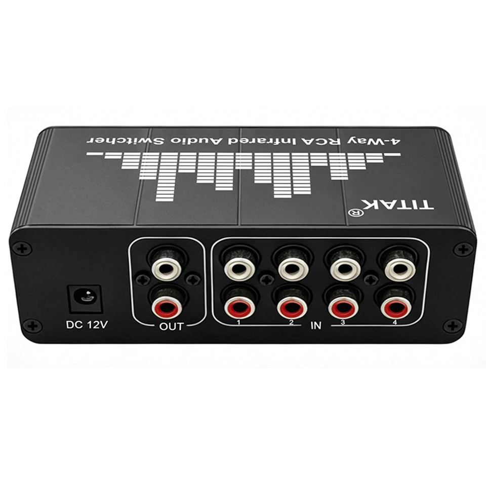 4 In 1 Out Audio Switcher 4-Way Stereo Audio Selector IR Remote Control 4 Channel AV Audio Signal Switch Box Audio Source Splitt