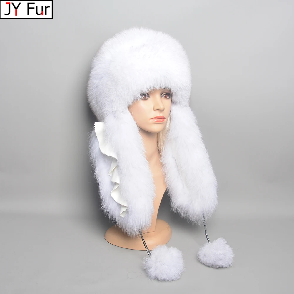 

Women Real Fur Bomber Hats Lady Winter Warm Luxury 100% Natural Fox Fur Hat Fashion Fluffy Fox Fur Rex Rabbit Fur Caps