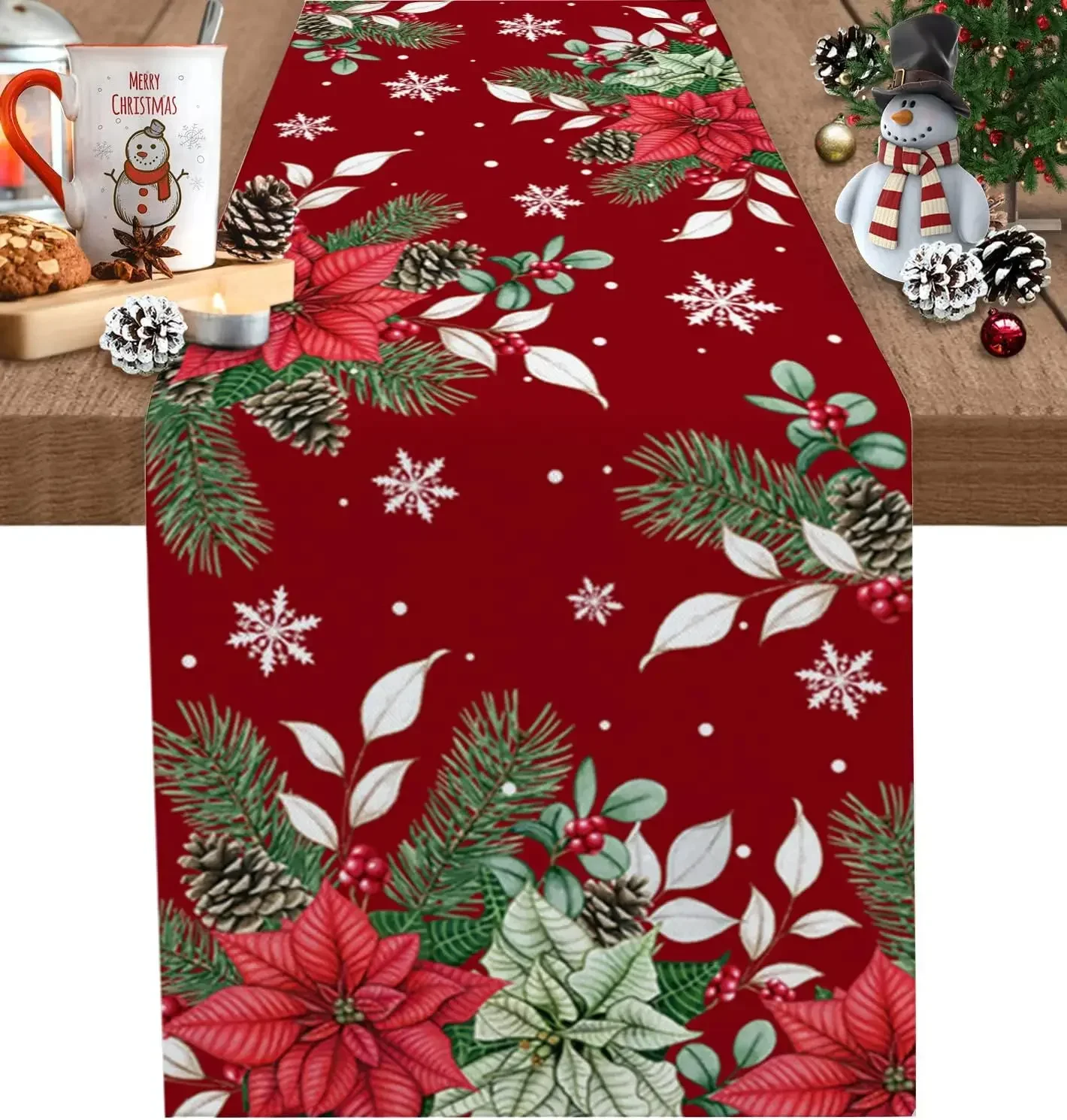 Christmas Poinsettia Pine Needles Table Runner Party Decor Reusable Winter Kitchen Dining Table Runner Christmas Decorations