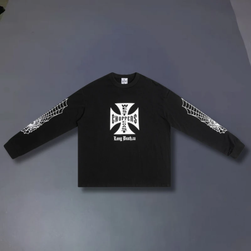 Sanskrit Cross Streetwear Black Cotton Oversize West Coast Choppers Sweatshirts Spider Web Print Long Sleeve Tshirts Men Women