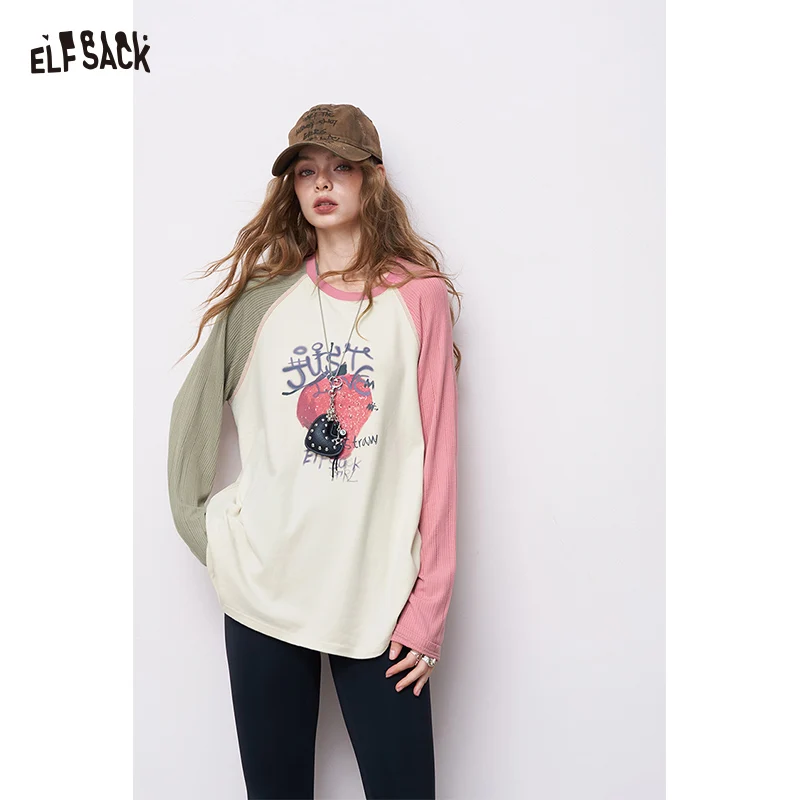 

ELFSACK 2025 Autumn New Arrival Casual Cute Strawberry Bear Print Color Block Asymmetric Long Sleeve Tee for woman