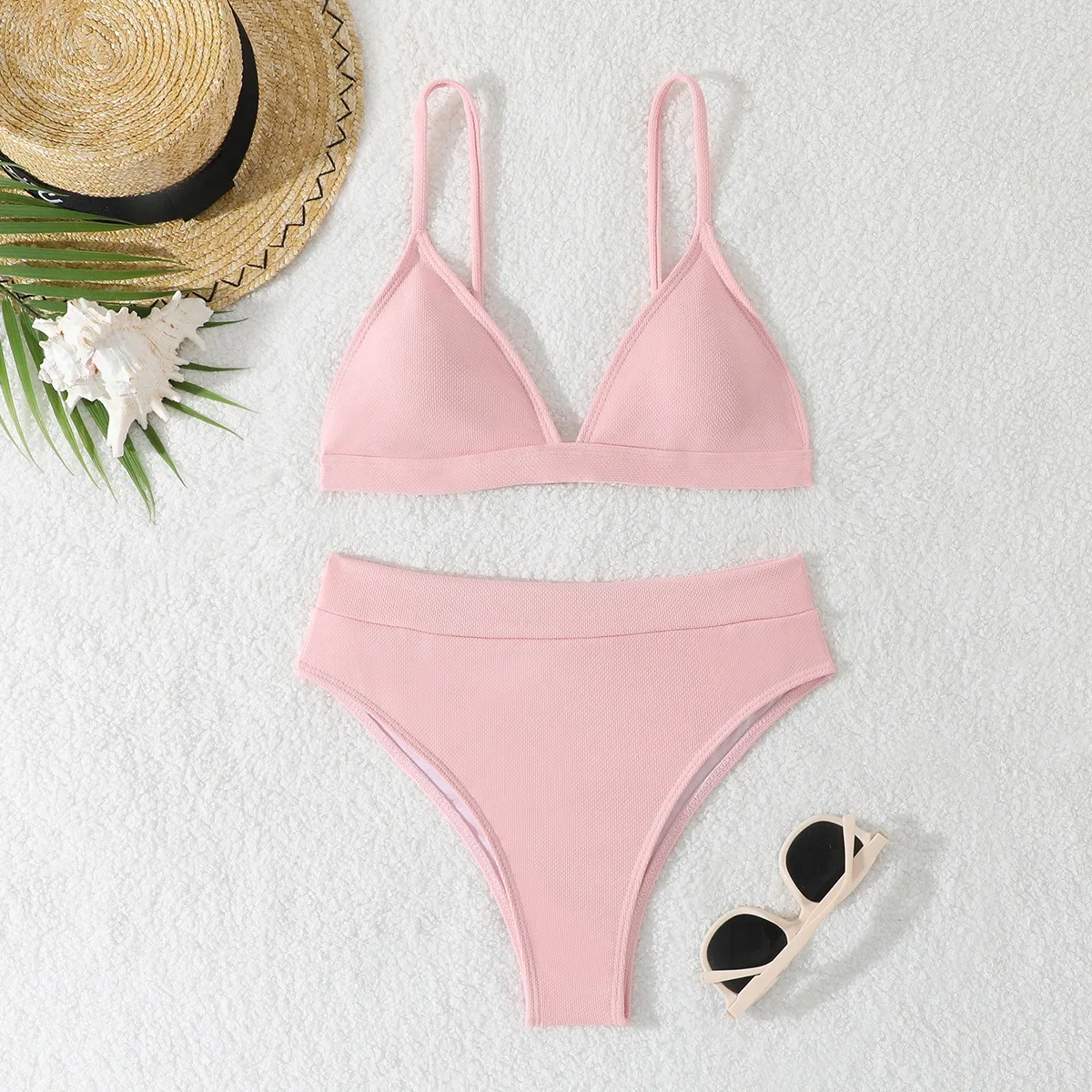 

2025 треугольное бикини, женский сексуальный купальник, женский купальник с высокой талией, однотонный розовый купальный костюм, купальный костюм, пляжная одежда