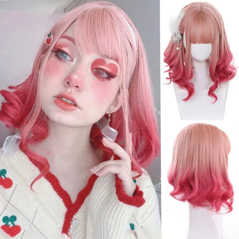 Sky02 HOUYAN Peluca de pelo rizado bob corto sintético para niña, peluca rosa púrpura, flequillo femenino, peluca de fiesta Lolita, peluca resistente al calor 88Ji #