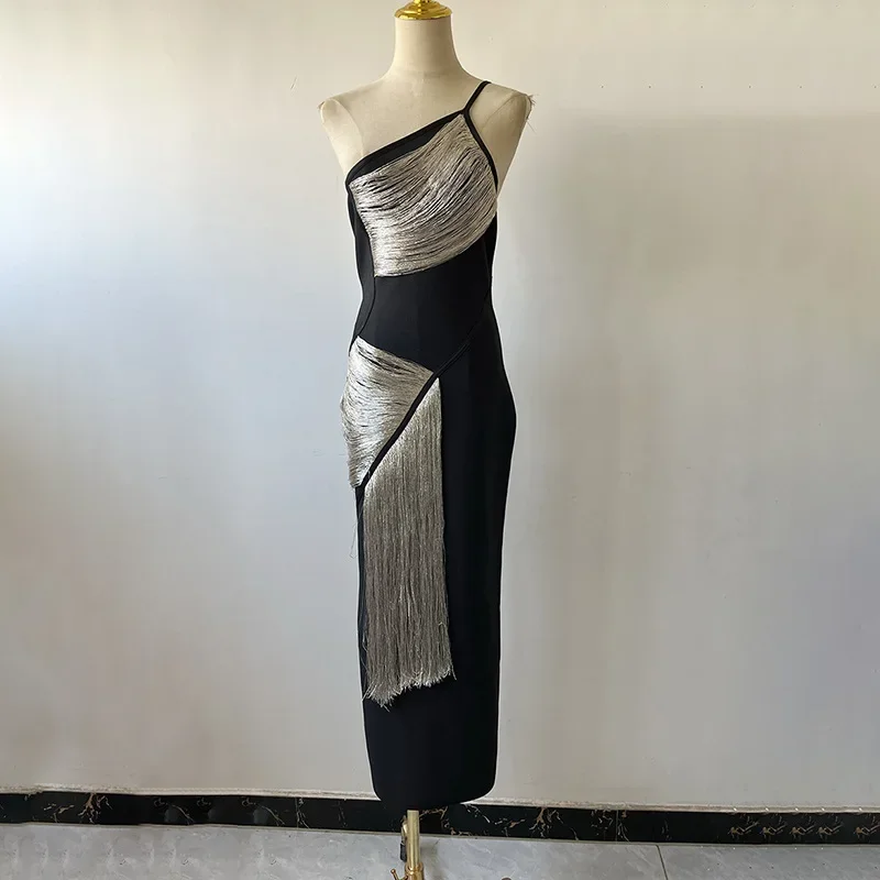 Sexy Chic Slanted Collar Silver Tassel Bandage Dress Sleeveless High Waist Bodycon Long Dresses Nightclub Party Celebrate Outfit