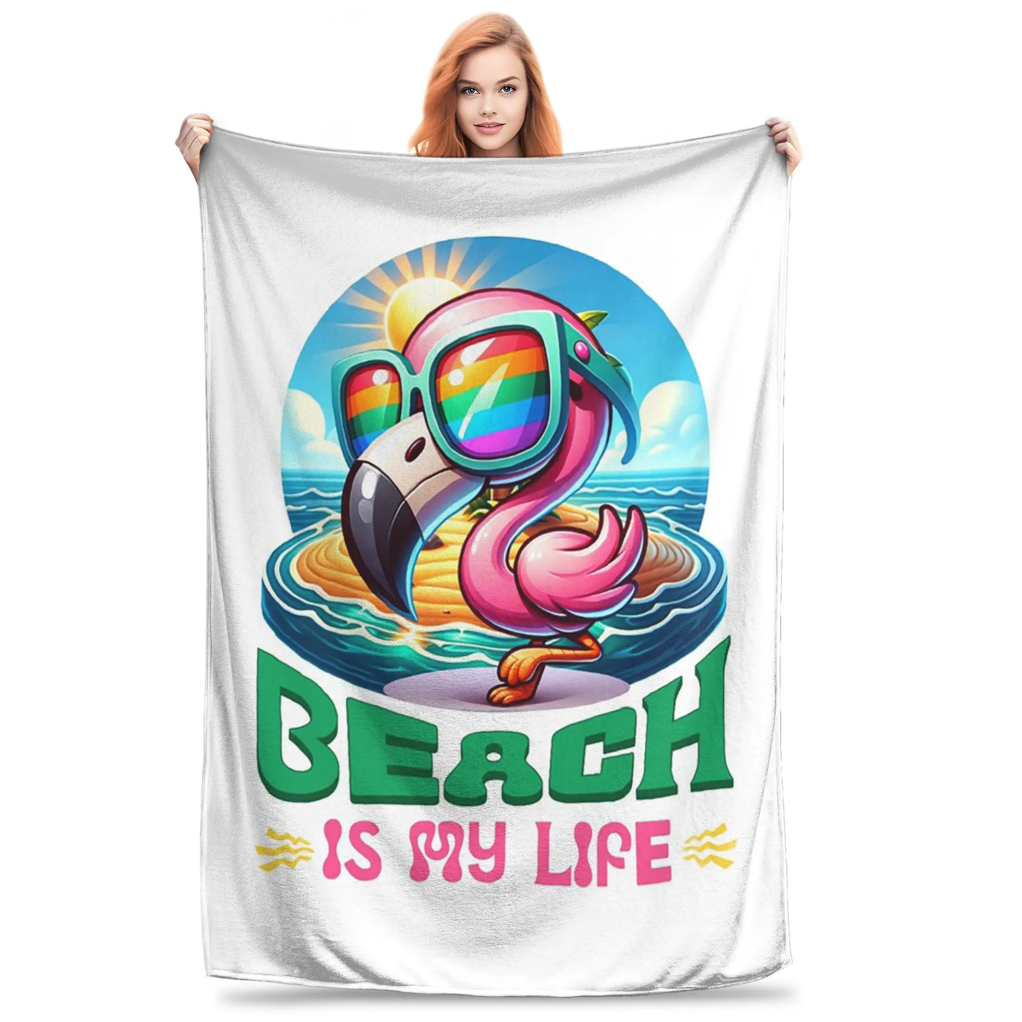 

Colorful flamingo with sunglasses at beach Blanket Portable Fleece Sofa Throw Blanket for Home Bedroom Travel