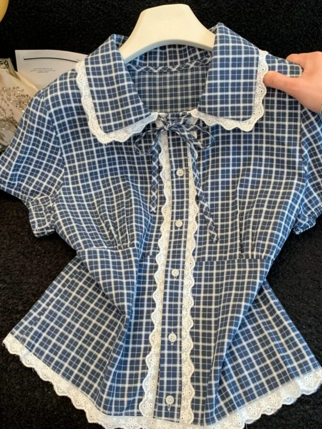 

Retro Korean Plaid Short Sleeve Shirt Women's Doll Trim Slimming Top Summer New Style Polyester Fiber Regular Sleeve
