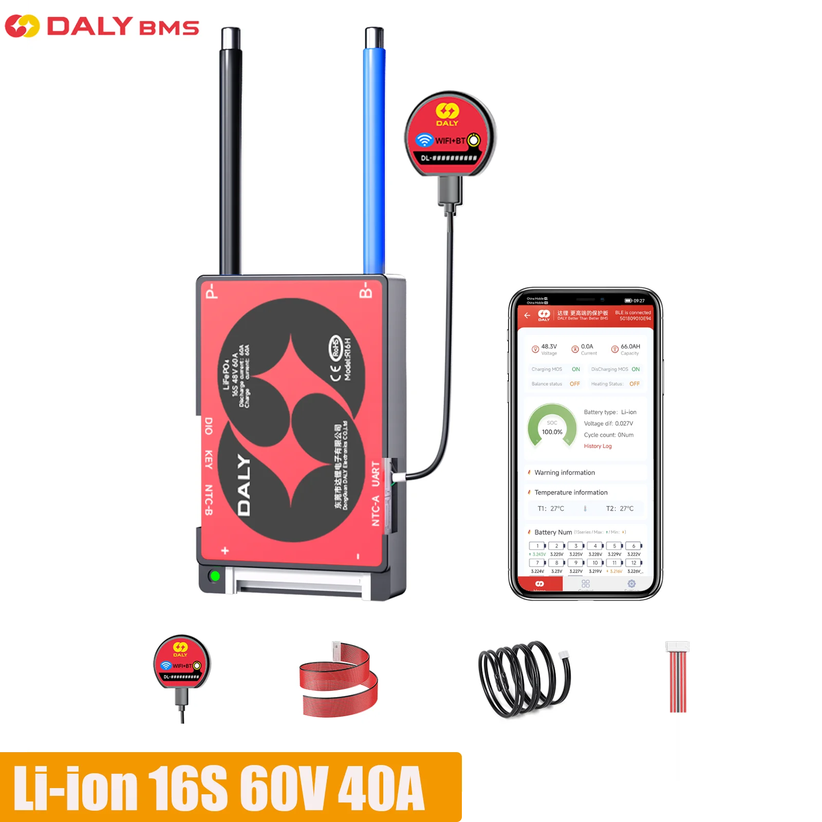DALY Smart BMS 16S 60V 40A Li-ion BMS APP UART Port Bluetooth مع منفذ UART PCB لوح حماية البطارية بطارية ليثيوم