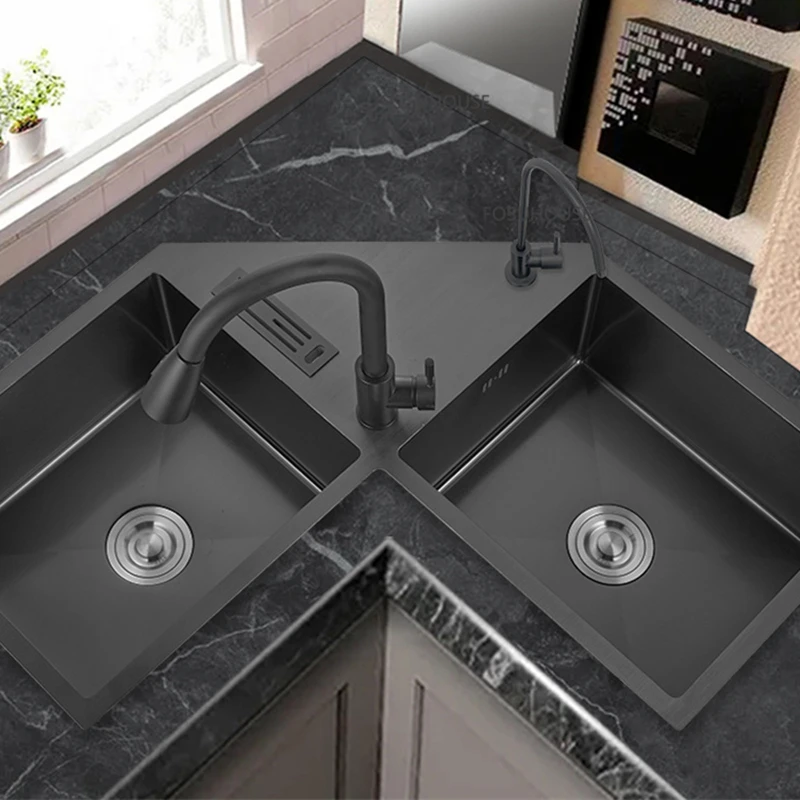 High Quality 304 Stainless Steel Corner Sink Kitchen Fixture Gourmet Faucet Kitchen Multifunctional Corner L Shape Kitchen