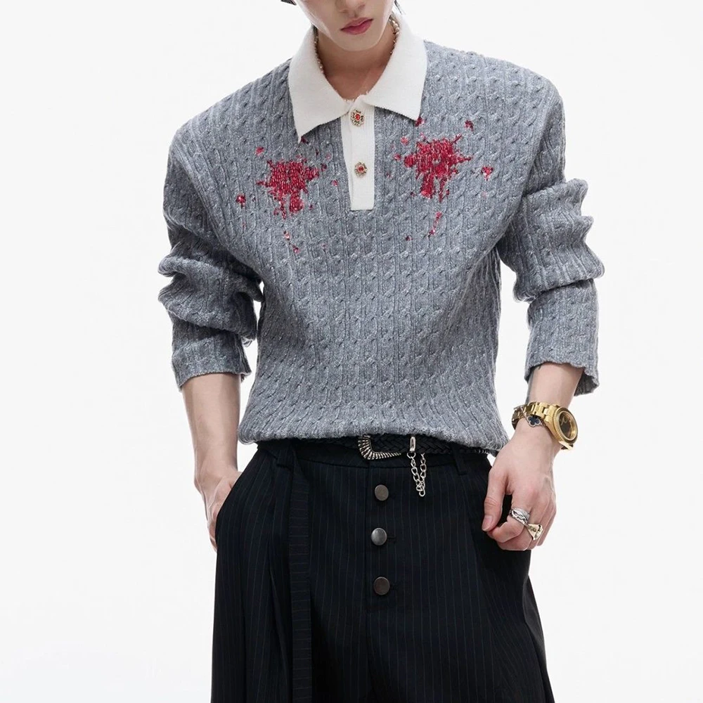 Mens Spring Color-Blocked Gemstone Button Slim Knit Sweater Streetwear Fashion Retro Casual Outdoor Top Men'S Clothing 2026 New