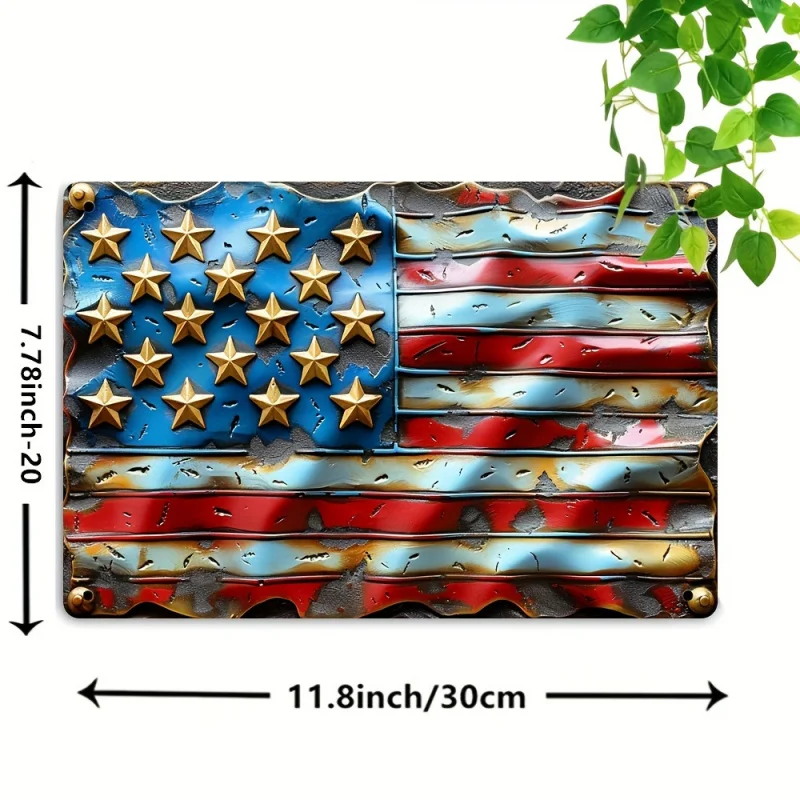 لوحة فنية جدارية معدنية عتيقة بعلم أمريكي - ديكور على شكل نجوم وخطوط وطنية مقاس 8 × 12 بوصة مع لمسات زرقاء وحمراء وذهبية #2