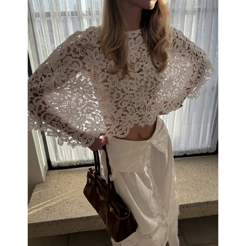 Womens Y2k Flower Embroidery See-through O-Neck Hollow Out Poncho Top Cropped Blouse Boho Cover Ups Shawl Wraps Capes