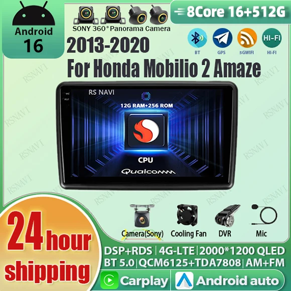 Android 16 Carplay Auto Qualcomm 2K Screen Car Radio Player For Honda Mobilio 2 Amaze 2013-2020 GPS Wifi 4G navigation Stereo BT