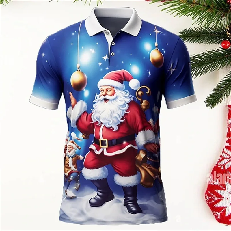 3D Print Santa Claus Graphic Polo Shirts Men's Casual Oversized Golf Polo Shirt Streetwear New In Short Sleeve Turndown Shirt