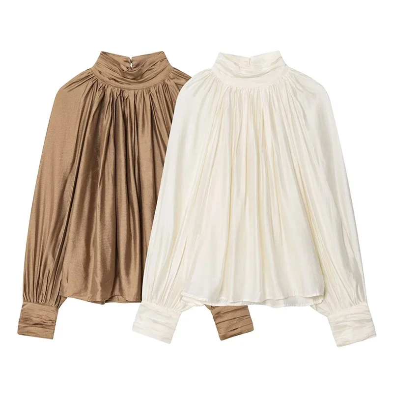 

2 colosr New Fashion Women Half High Collar Pleated Shirt Long Sleeve Office Wear Elegant Blouse Chic Lady Tops