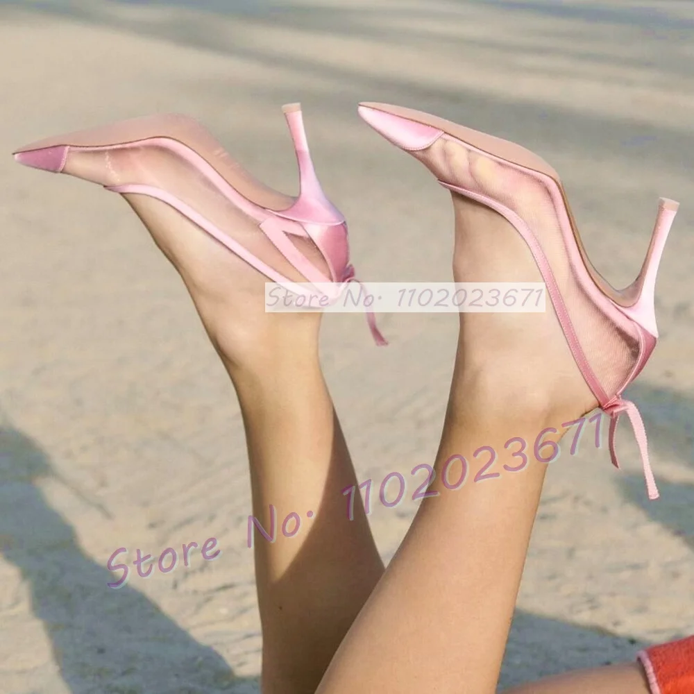 

Pink Satin Mesh Stiletto Pumps Ladies Elegant Pointed Toe Splicing High Heels Party Women Luxury Grosgrain Bow Accent Shoes