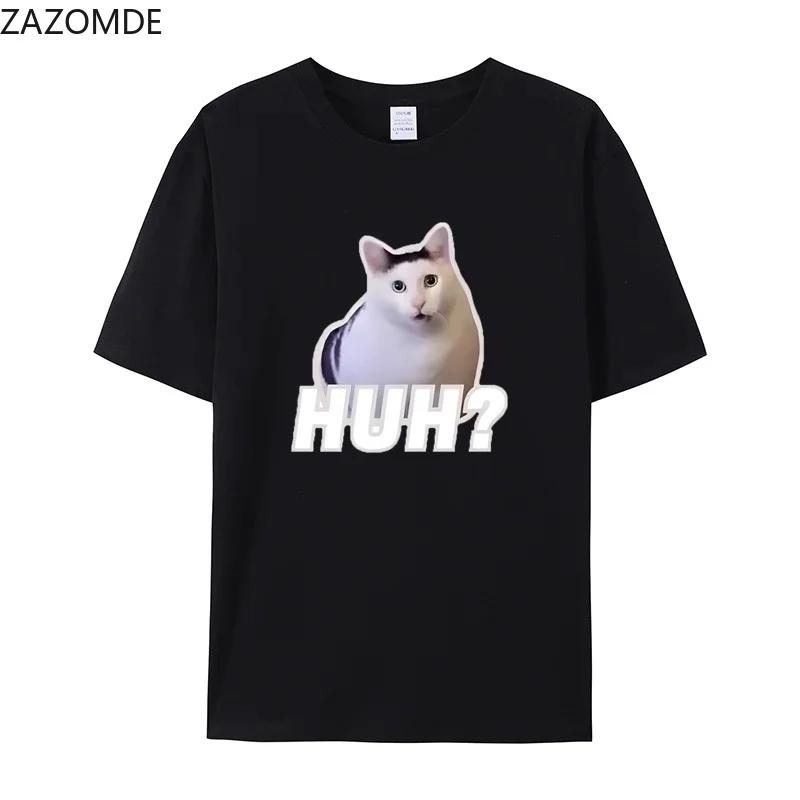 ZAZOMDE 2026 Summer Man Vintage Aesthetic Graphic Tee HUH? Funny Question Cat Print Loose Oversized Daily Casual Tshirt