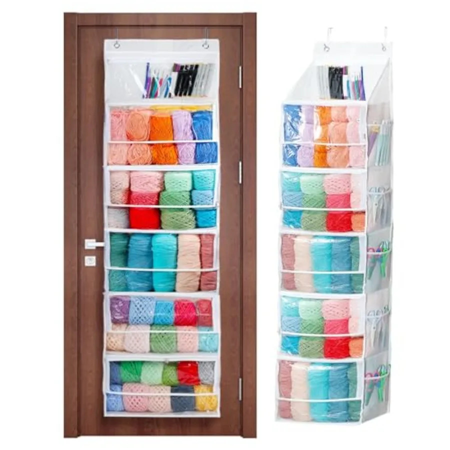

6 Large Hanging Yarn Storage Organizer with Double Zippers 10 Side Pockets Large Capacity Knitting Needle Organizer Over Door Y