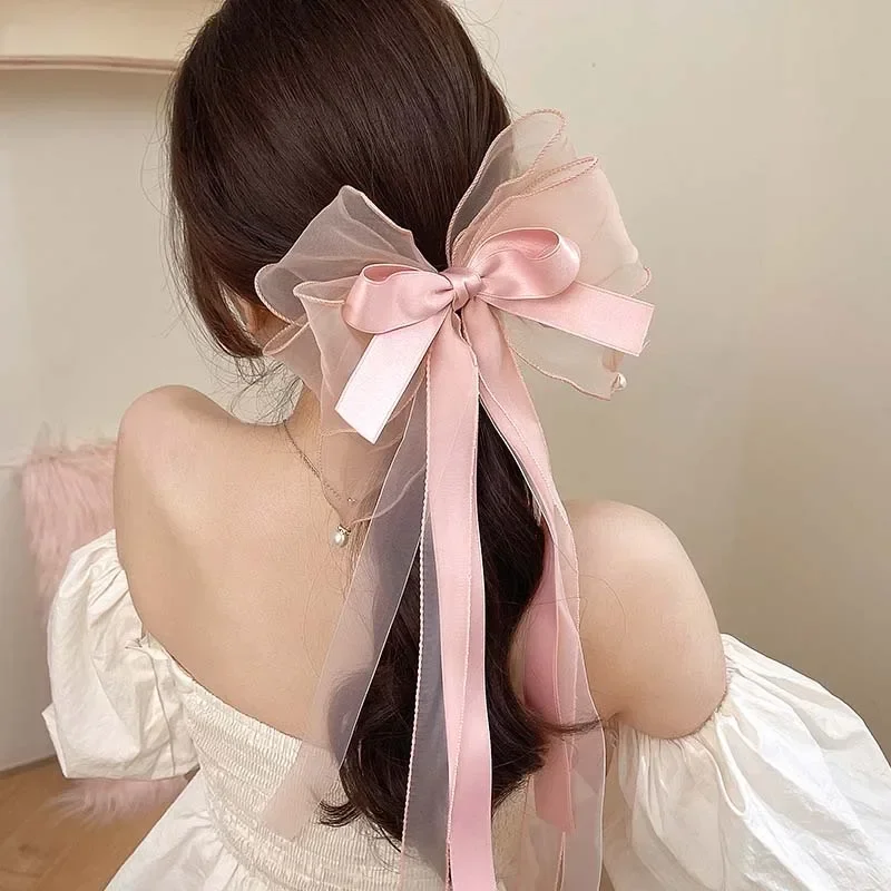 New Large Green Bowknot Ribbon Hairpin for Women Korean Solid Color Scarf Hairpin Ponytail Clips Girls Hair Accessories