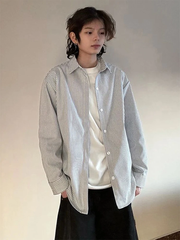 

Винтажная мужская полосатая рубашка с длинным рукавом и воротником, американская модель, весна-осень, свободный крой, из полиэфирного волокна, с эффектом стирки