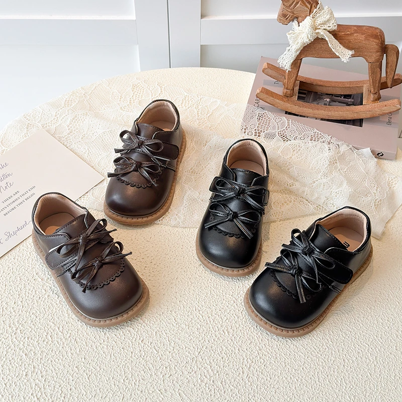 

Spring Girl's Leather Shoe Bowknot Hook-loop Lace Cute Kid's Flat Shoe Solid Colors Anti-slip Fashion Daily Children Shoe 4-6Y