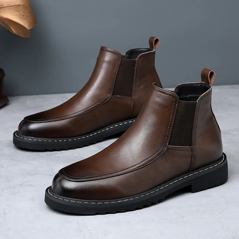 

English Style Thick Soled Men's Genuine Leather Shoes Simple Ankle Boots Classic Men's Business Boots Party Dress Short Boots