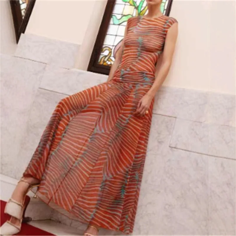 

Chic Printed Contrast Women's Skirt Suit Sexy O-neck See Through Sleeveless Bodysuit High Waist Skirts Female 2025 Summer Outfit