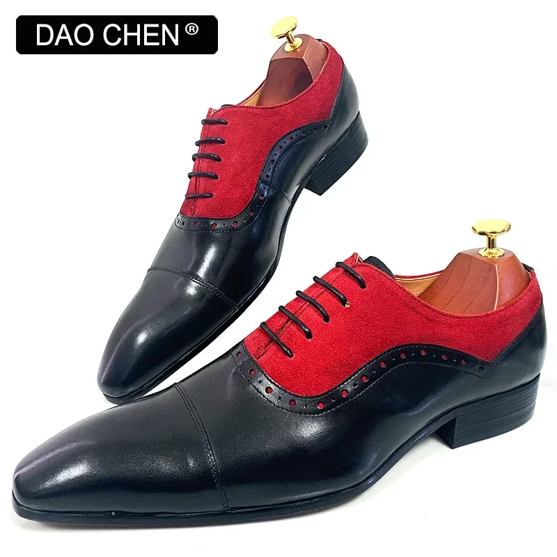 LUXURY MEN\'S OXFORD SHOES LACE UP BLCK MIXED RED SUEDE CASUAL MENS DRESS SHOES REAL LEATHER OFFICE WEDDING SHOES FOR MEN