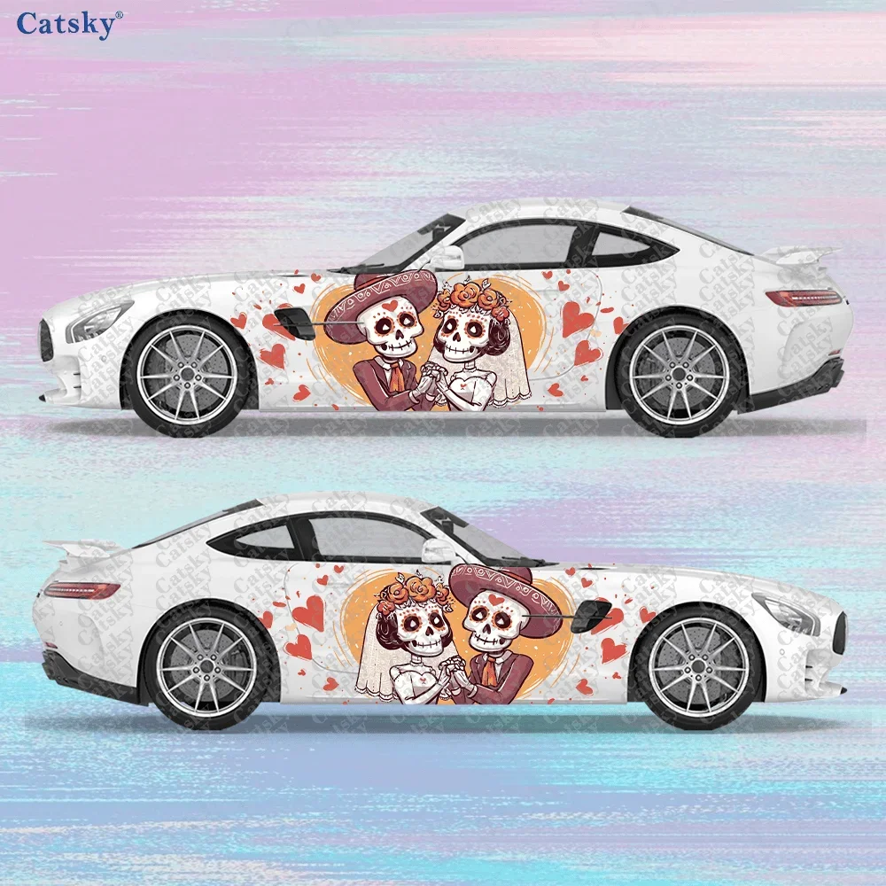 2pcs Love Heart Mexican Skull Couple Sticker, Durable, Fade-Resistant, Easy to Install and Remove - Enhance your vehicle's appea