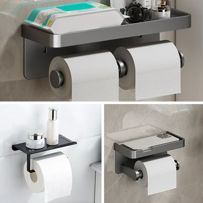 Wall-Mounted Toilet Paper Holder Aluminum Alloy Paper Roll Holder Tissue Rack With Phone Storage Stand Bathroom Accessories