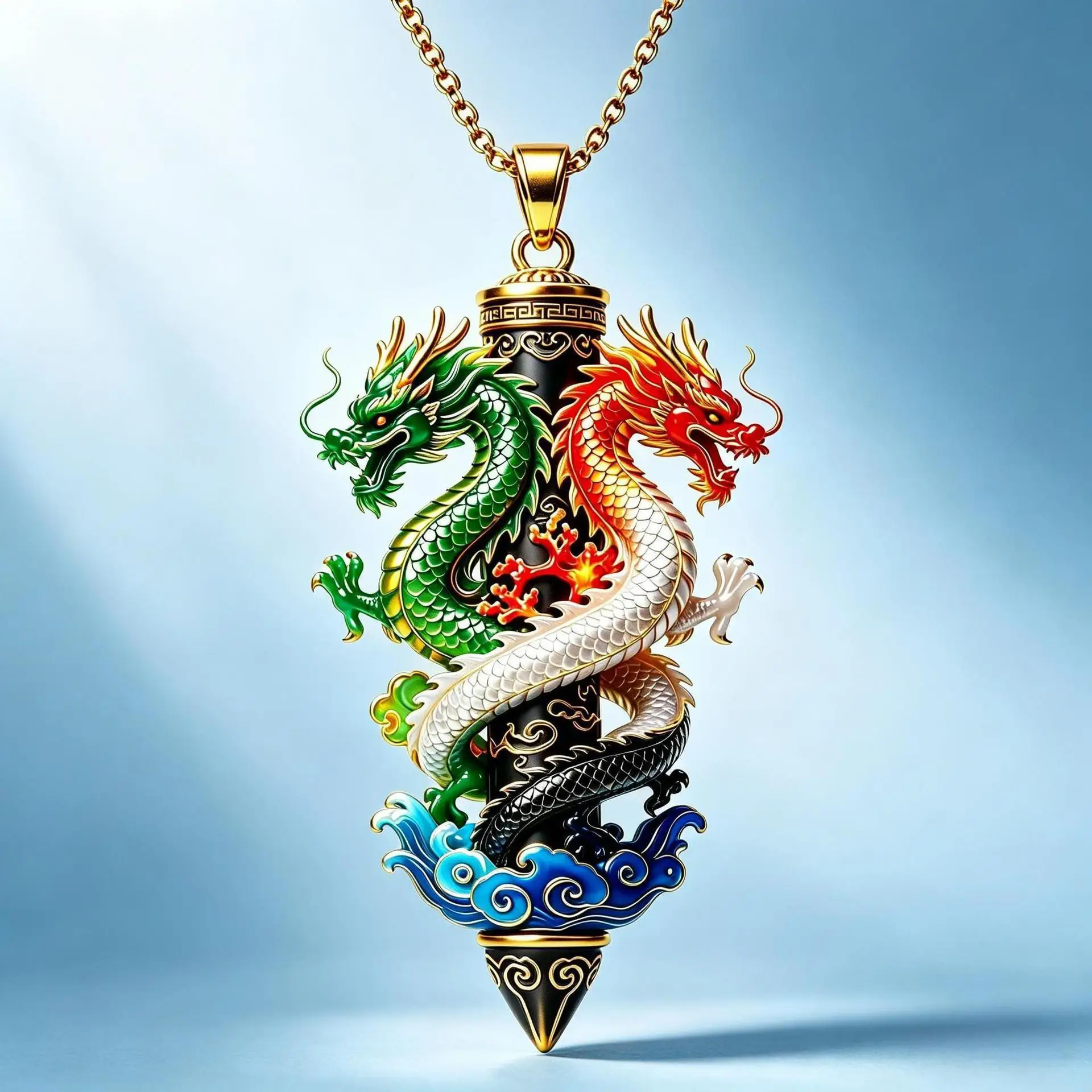 Chinese Traditional Double Dragon Enamel Pendant Necklace Men Feng Shui Lucky Wealth Protection Statement Enamel Charm Jewelry