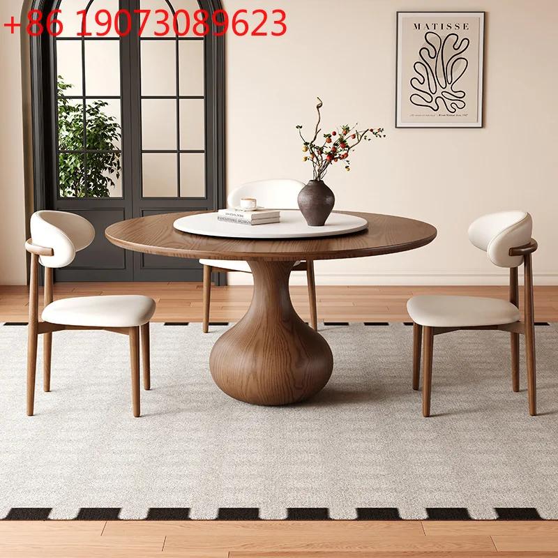 

Medieval ash wood round dining table walnut color ribbon turntable round table