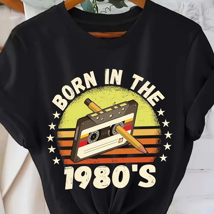Retro 80s T Shirt Women Born in The 1980s Cassette Tape Print Casual Short Sleeve Top Tee Classic Art Daily Streetwear Outfit