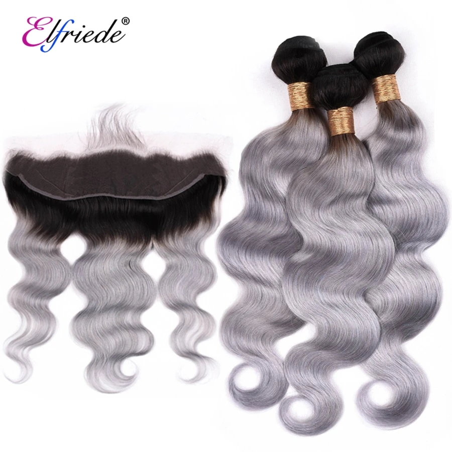 Elfriede 1B/Grey Body Wave Precolored Hair Bundles with Frontal Brazilian Human Hair Weaves 3 Bundles with Lace Frontal 13x4