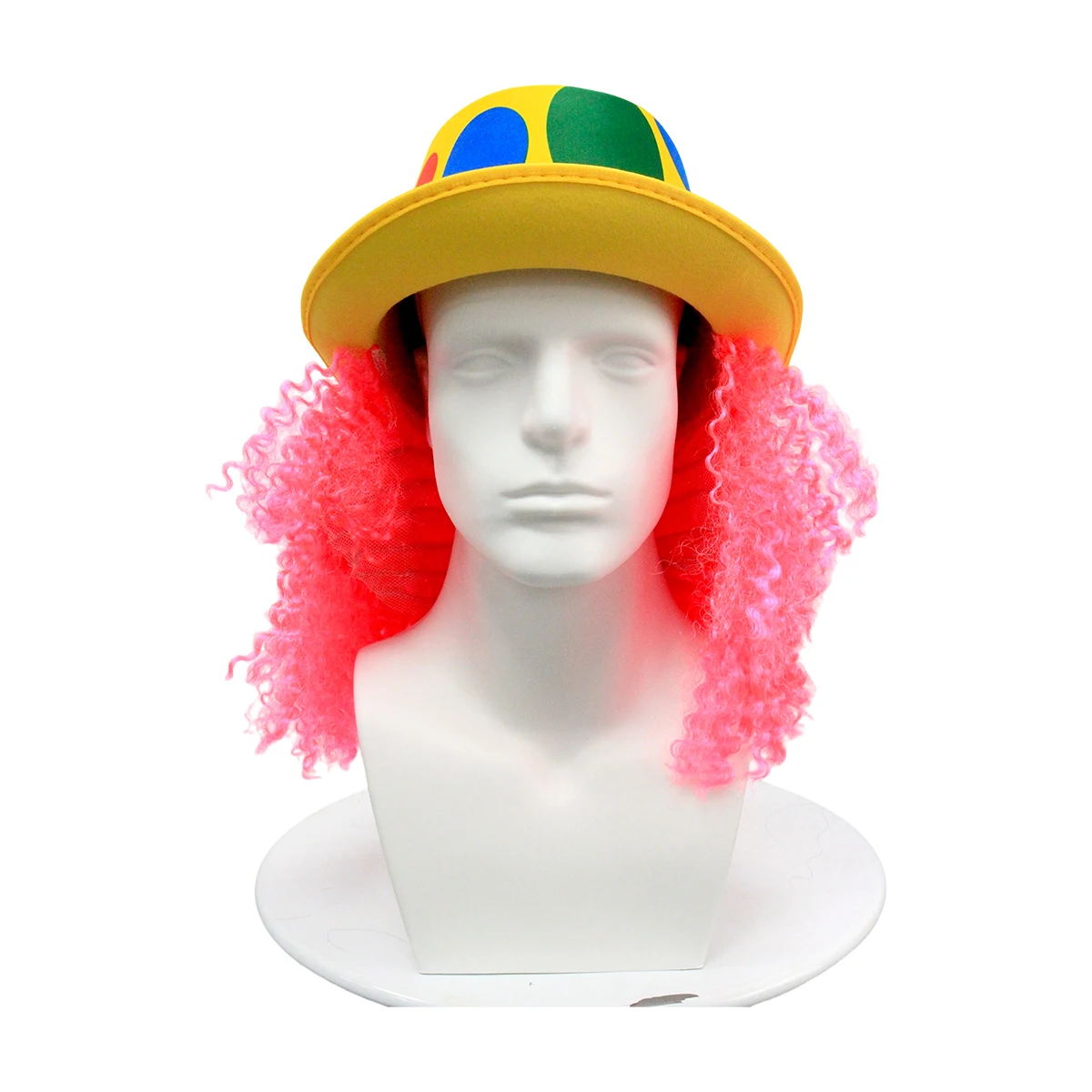 Pink Curly Clown Synthetic Wig With Color Polka Dot Hat Carnival Halloween Birthday Party Circus Performance Cosplay Costume