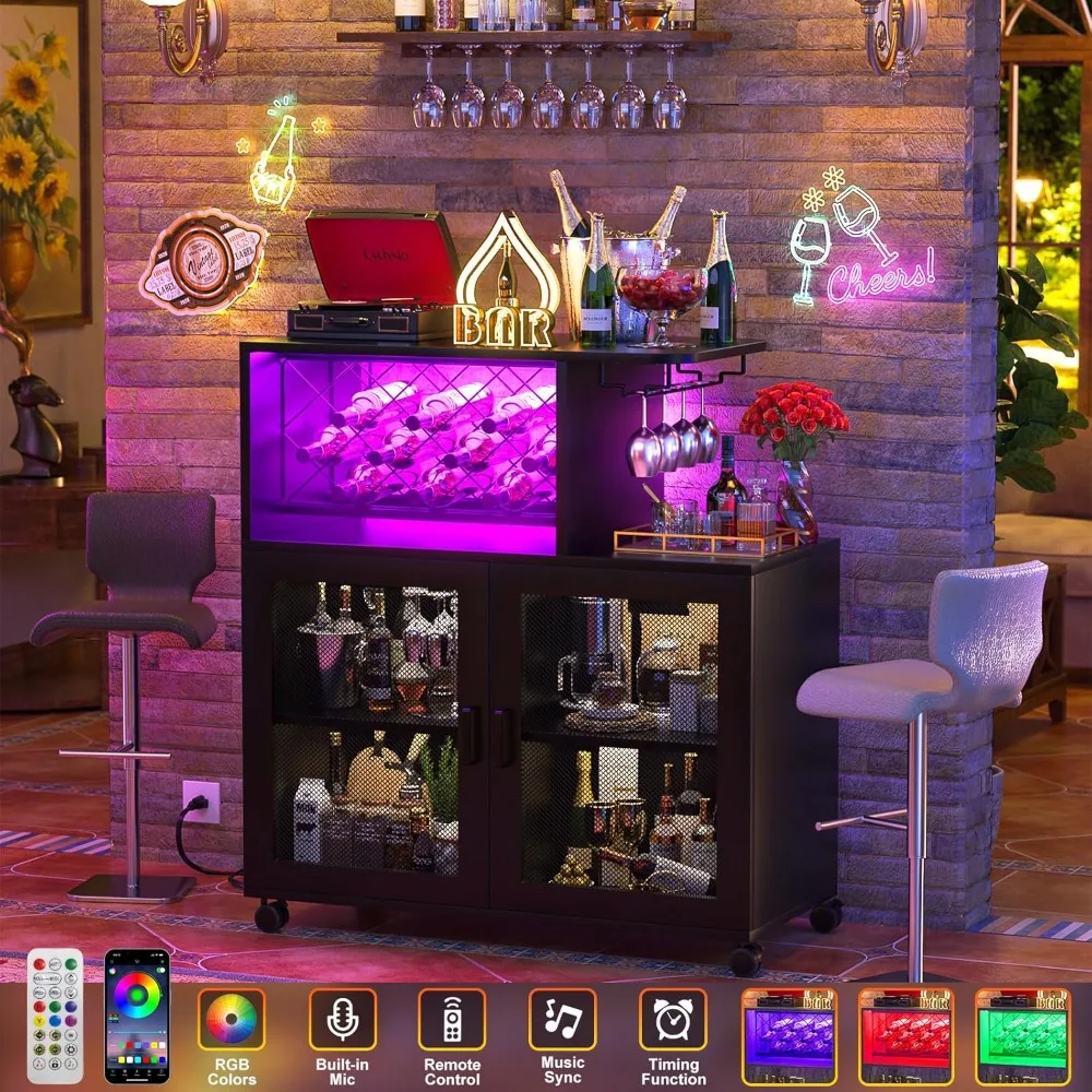 Armoire de bar à vin avec roues, petit meuble français ou armoire avec lumière LED, chariot de bar à domicile avec prises de courant, café T1