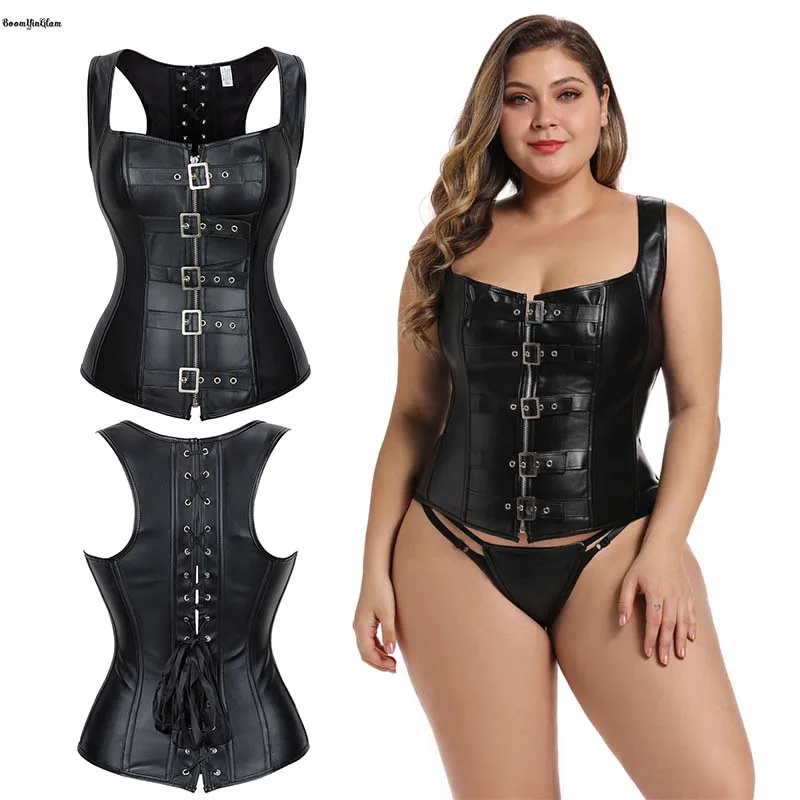 

Plus Size Xs-6XL Black Steampunk Women Clothing Push Up Synthetic Leather Corset With Zip & Strap