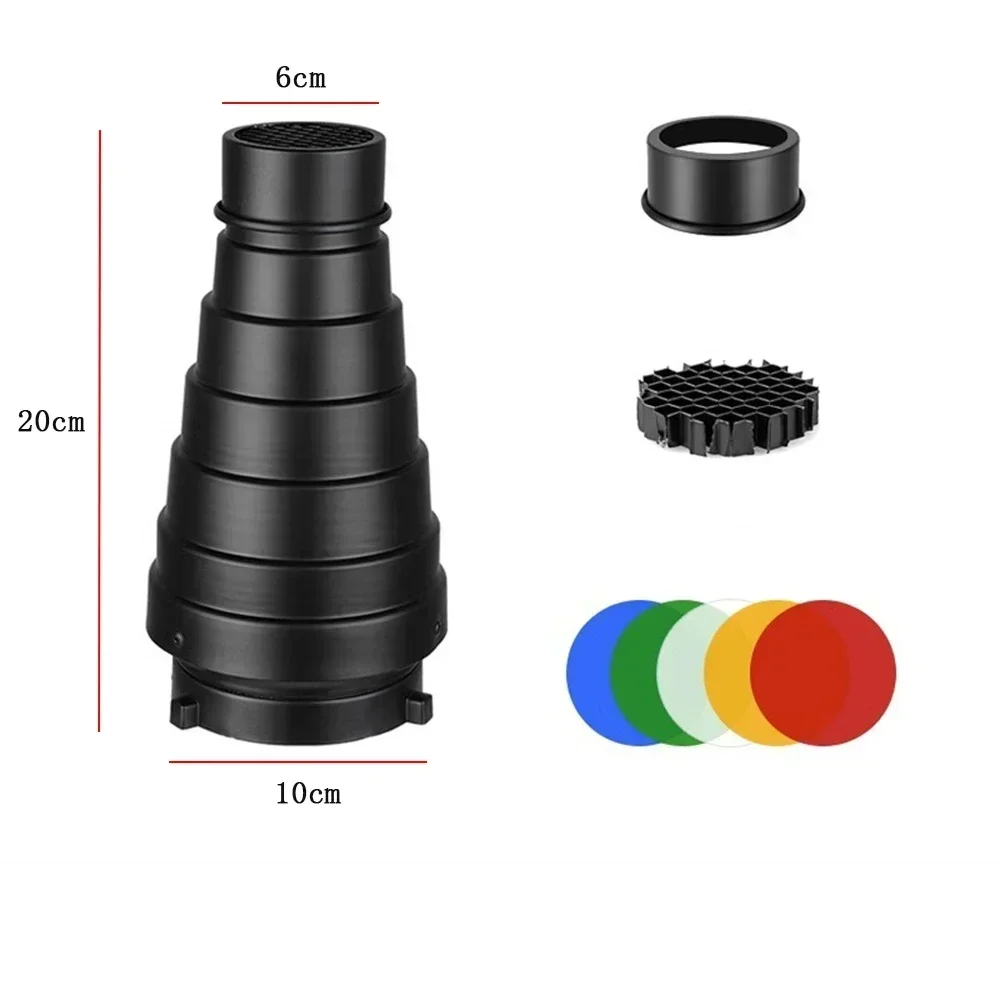 Metal Conical Snoot with Honeycomb + 5pcs Color Filter for Bowens Mount Studio Strobe Monolight Photography Flash