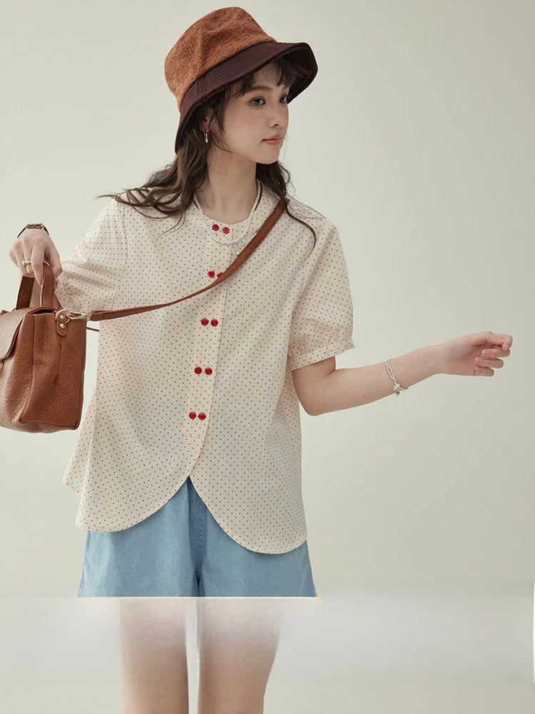 

Original AMUU Polka Dot Button up round Neck Women's Shirt Summer Asymmetrical Hem Loose Fit Cotton Short Sleeve Japanese Style