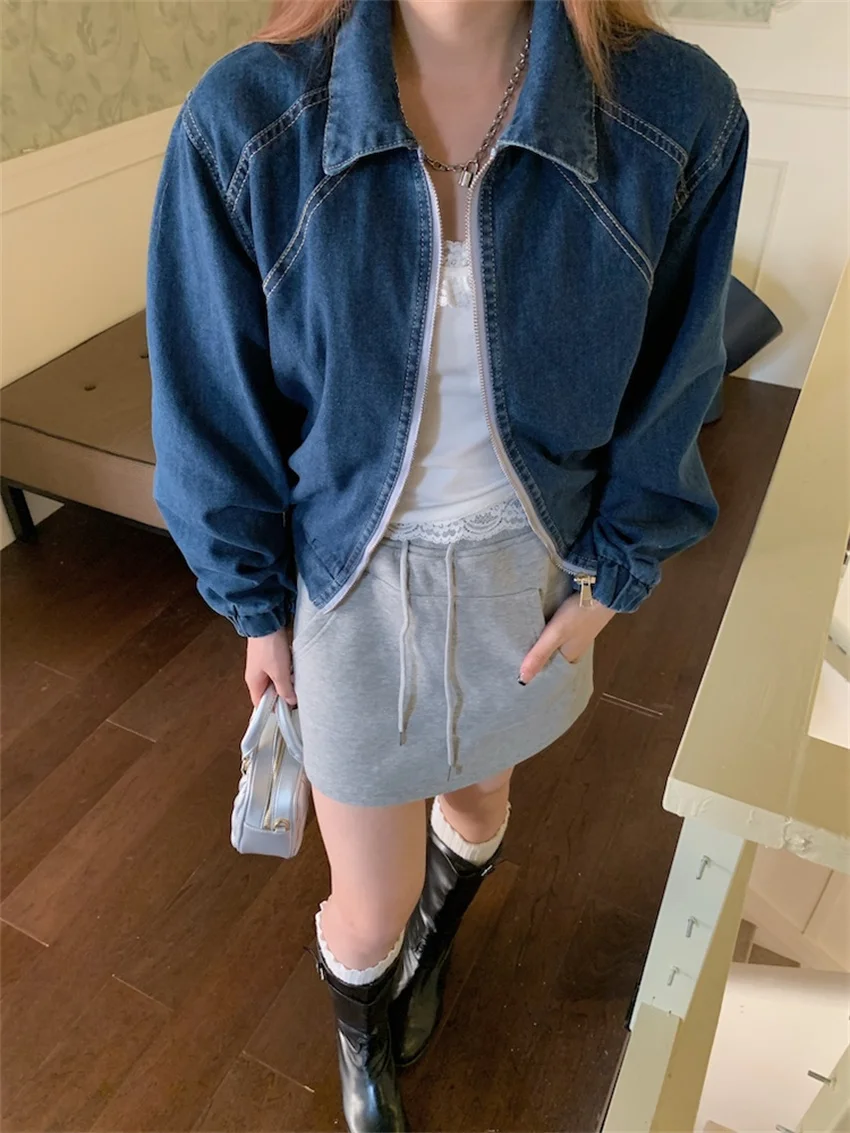 Alien Kitty Vintage Loose Coats New Light Washed Denim Chic 2024 New OL Autumn Office Lady Streetwear Daily Casual Jackets