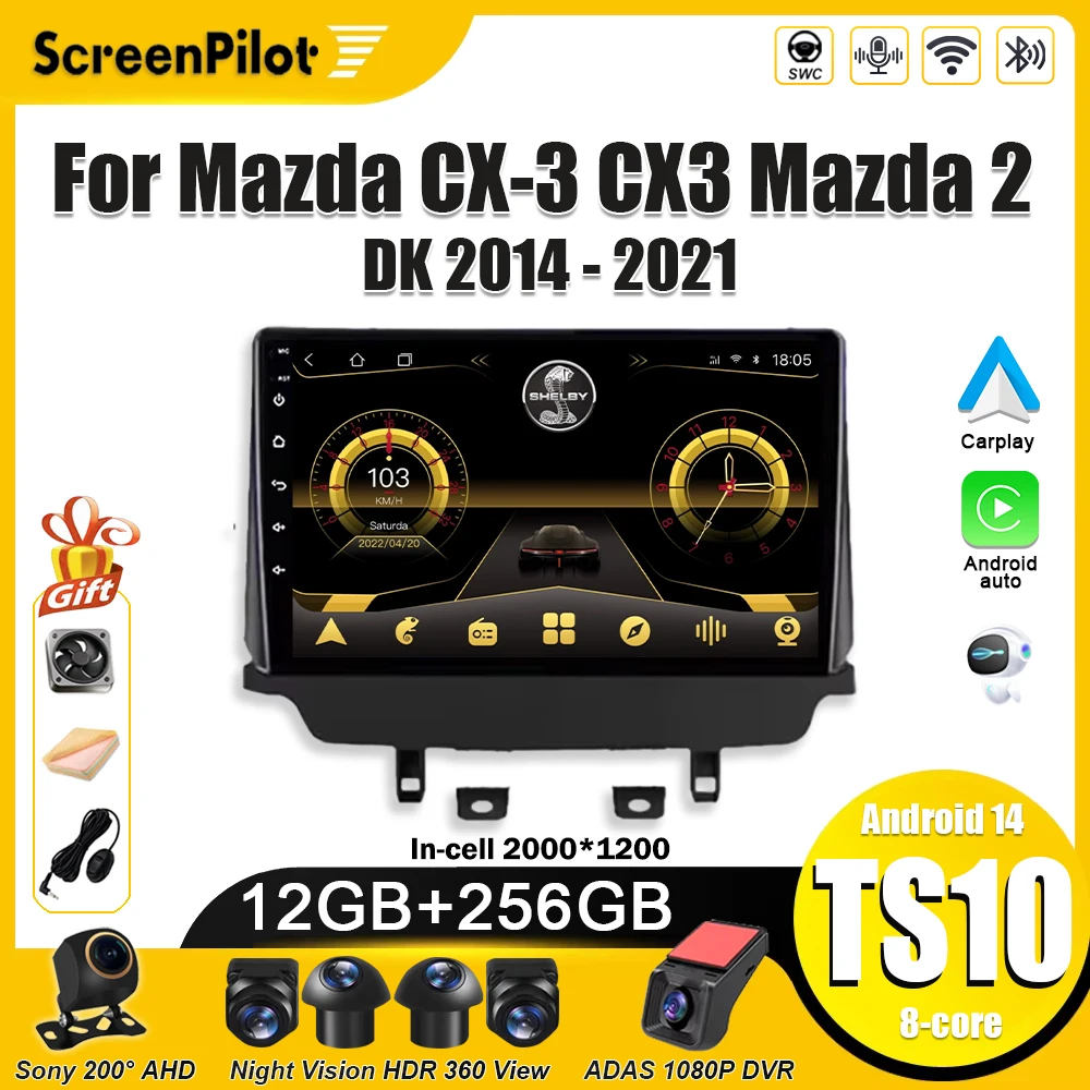 Radio Multimedia con Pantalla Táctil Android 16 para Mazda CX-3 CX3 Mazda 2 DK 2014-2021, Reproductor de Video, Wifi 5G