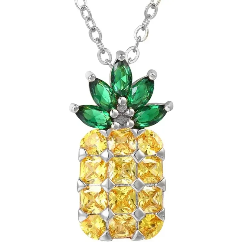 Pineapple Necklace Yellow Clear Green Cubic Zirconia Paved Pendant with Rolo Chain Fruit Multifuntion Brooch Jewelry QC24