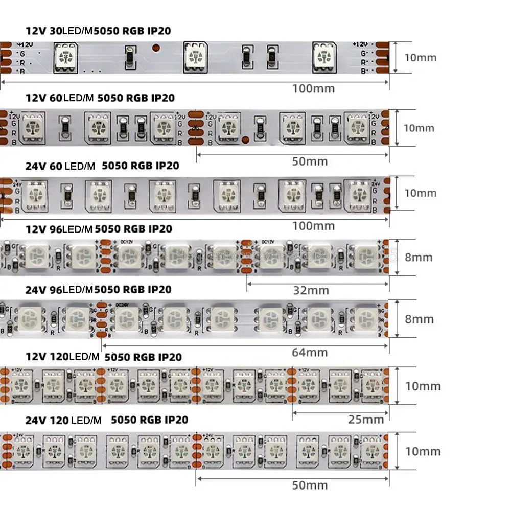 5m 12V 24V DC RGB LED 스트립, 30 개/m 60 개/m 96 개/m 120 개/m SMD 5050 플렉서블 LED 조명 테이프 8mm 10mm PCB 장식용