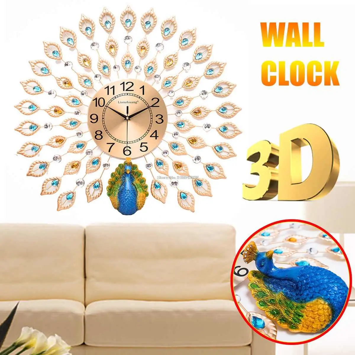 Large 3D Diamond Crystal Quartz Peacock Wall Clocks European Modern Design for Home Living Room Decor Bedroom Silent Clock Wall