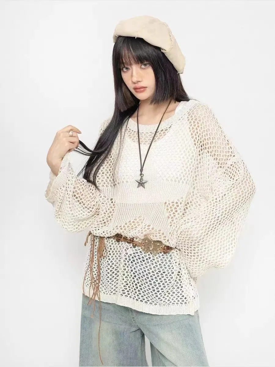 Women Long Sleeve Sexy for T Shirt Sexy Hollow Grid Tops Loose Mesh for Sun for Protection Jumper Crew Neck Pullover Swea