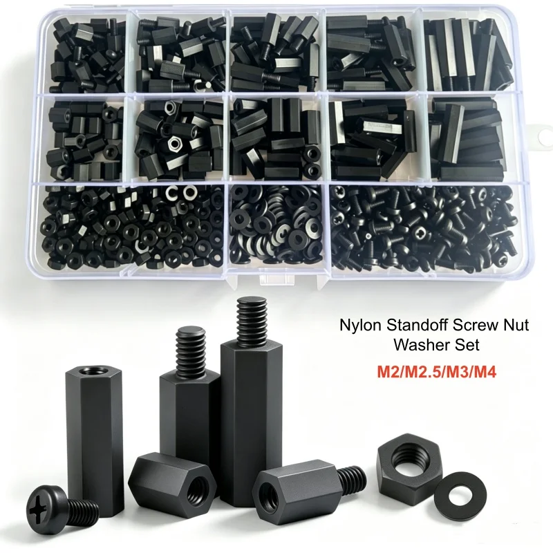 Black Plastic Nylon Hex Standoff Hexagon Pillar Spacer Column Screw Nut Washer Assortment Kit Set Box M2 M2.5 M3 M4
