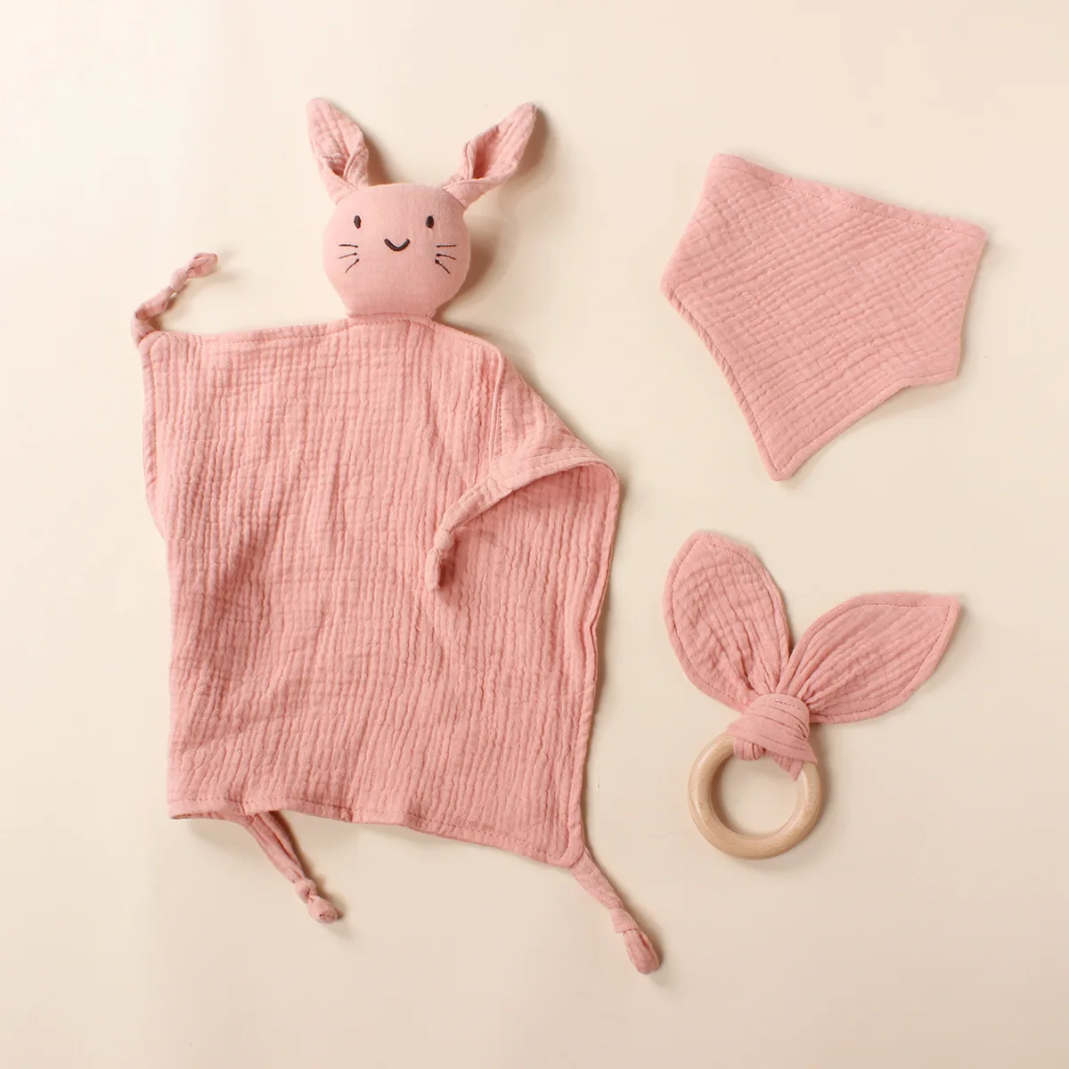 3pcs Cat Face Embroidered Square Scarf Triangular Scarf Rabbit Ear Wooden Ring Tie Set Baby's Comfortable Soft Drool Towel image 3