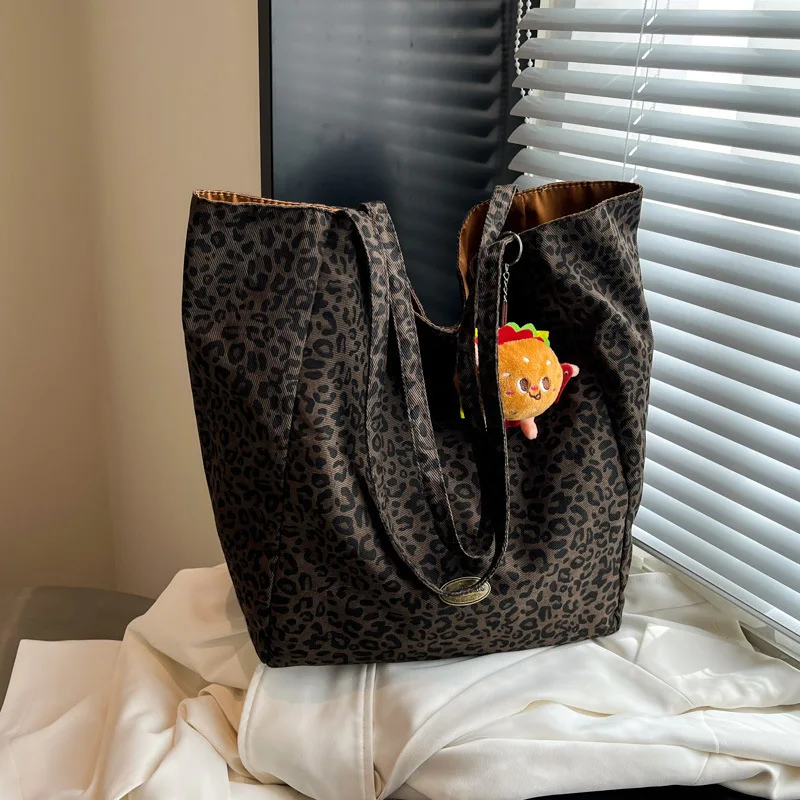 Leopard Print Women's Canvas Bag Wild Casual Large-Capacity Double-Sided Single-Shoulder Bag Eco-Friendly Commuting Shopping Bag